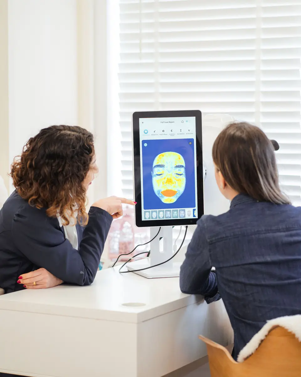 Aline Brito carrying out a digital skin analysis with a client